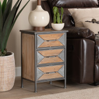 Baxton Studio AM19135-OakGrey-NS Baxton Studio Laurel Rustic Industrial Antique Grey Finished Metal and Whitewashed Oak Brown Finished Wood 3-Drawer Nightstand